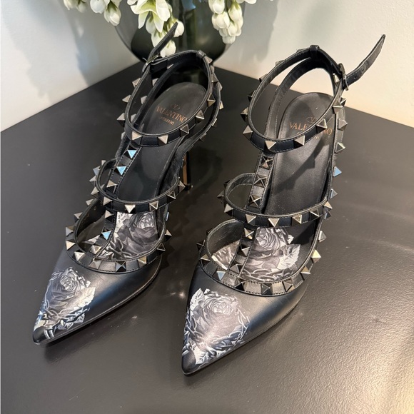 Valentino Shoes - Valentino Black Rockstud Floral Pointed T-Strap Heels Sz 36.5
